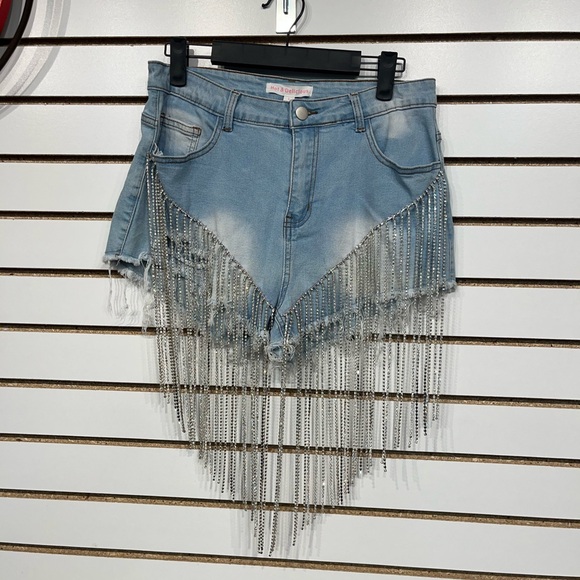 Hot & Delicious denim short with rhinestone fringes. - Picture 3 of 7
